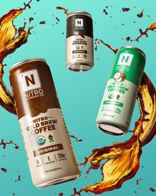 Digital Retouching and Editing of Nitro Beverage Co. cold brew cans. This image is of 3 cans in a 3D space at different angles. There is the original flavor in the bottom left, coconut flavor in the middle on the right, and the small espresso can in the back. The background is a teal color, similar to the color of the coconut can. There are also coffee splashes eoncompassing the cans from behind.
