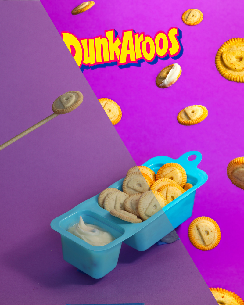 Digital Retouching and Editing Before & After of 2 photos merged together. The photo shows an open Dunkaroos pack with the left side unedited and having a stick with a cookie taped to it. The right side has an enhanced color purple background with a Dunkaroos logo and several cookies floating at different angles across the picture.